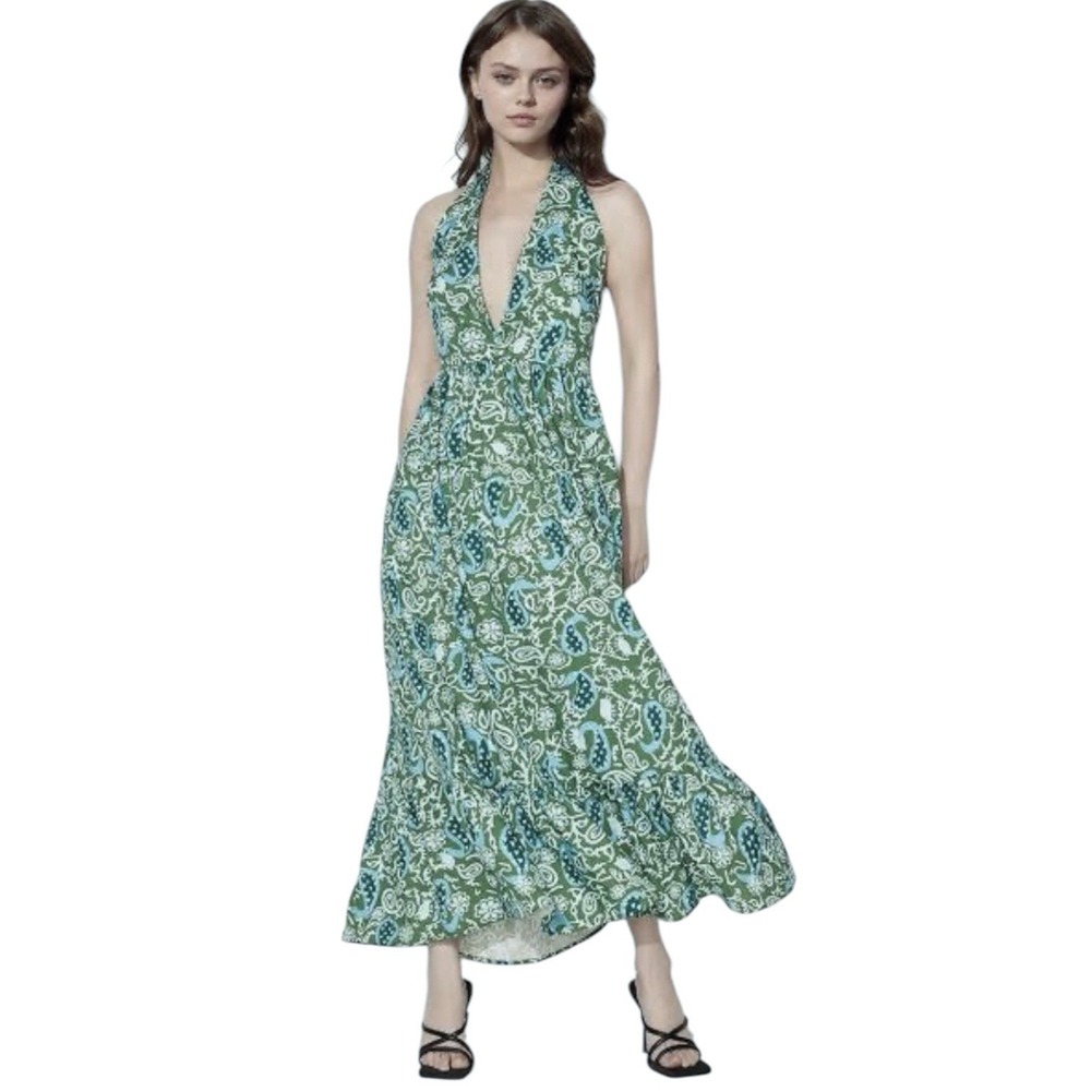 NWT‎ ZARA ZW COLLECTION  Halter Maxi Dress Paisley Green Blue Women's Size Small